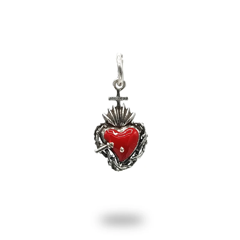 Cuore ex voto con filo spinato in argento e smalto