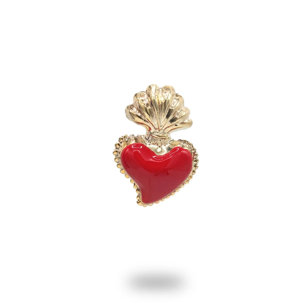 Cuore ex voto stampato con fiamma in argento dorato con smalto