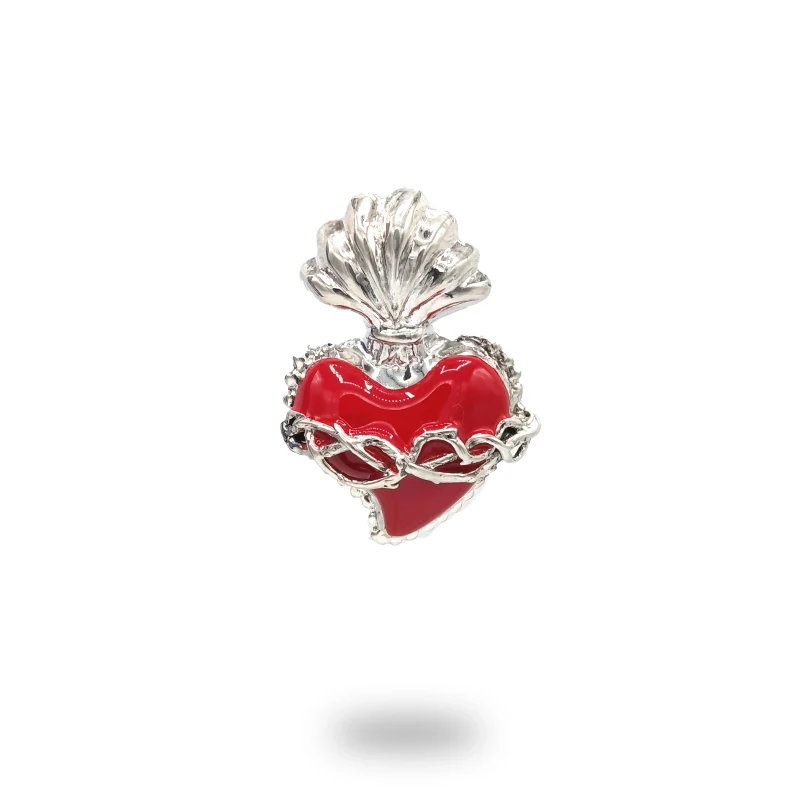 Cuore ex voto con filo spinato in argento smaltato