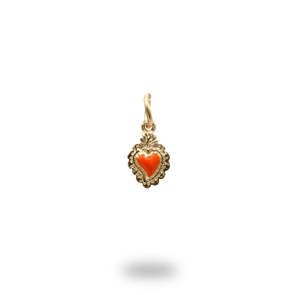 Pendente cuore ex voto in argento dorato smaltato arancio