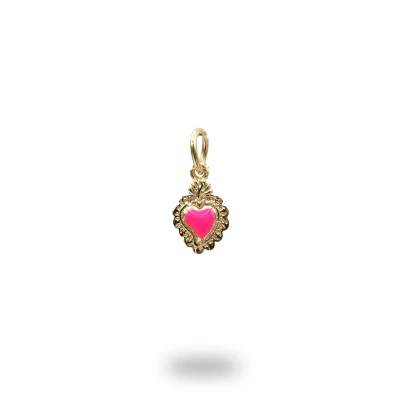 Pendente cuore ex voto in argento dorato smaltato rosa fluo