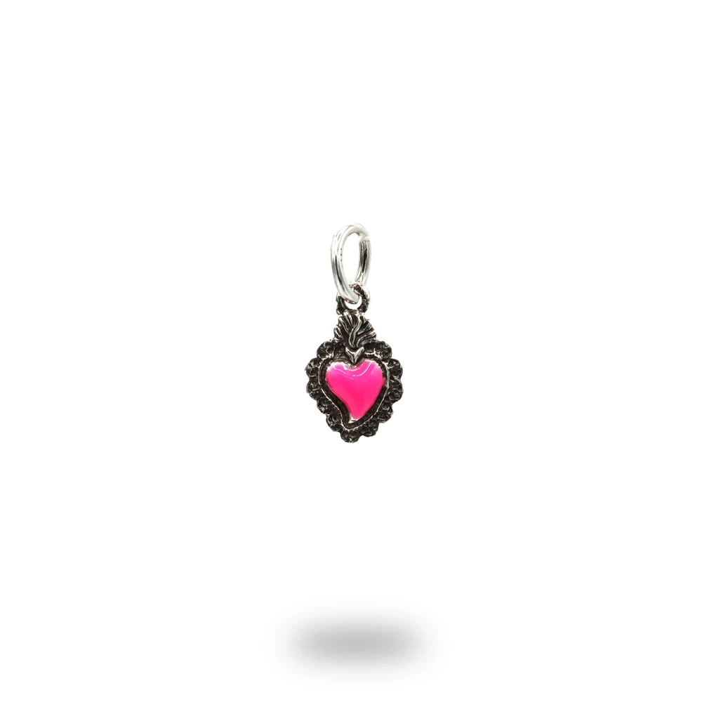 Cuore ex voto in argento e smalto rosa fluo