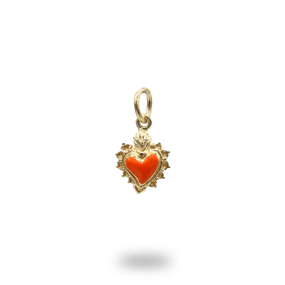 Cuore ex voto in argento dorato con smalto arancio