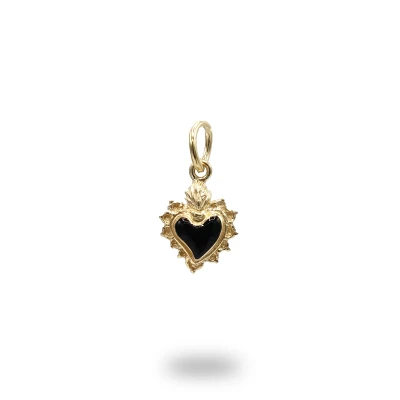 Cuore ex voto in argento dorato con smalto nero