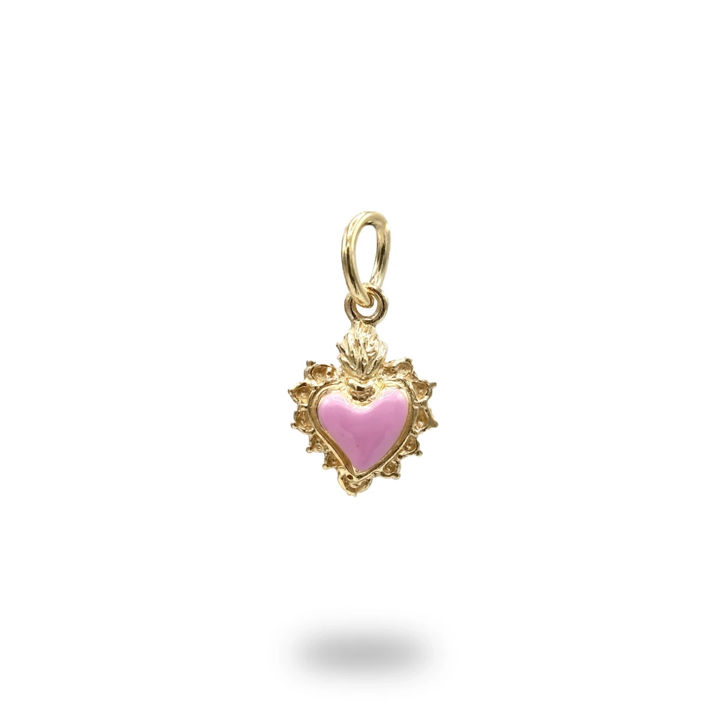 Cuore ex voto in argento dorato con smalto rosa baby