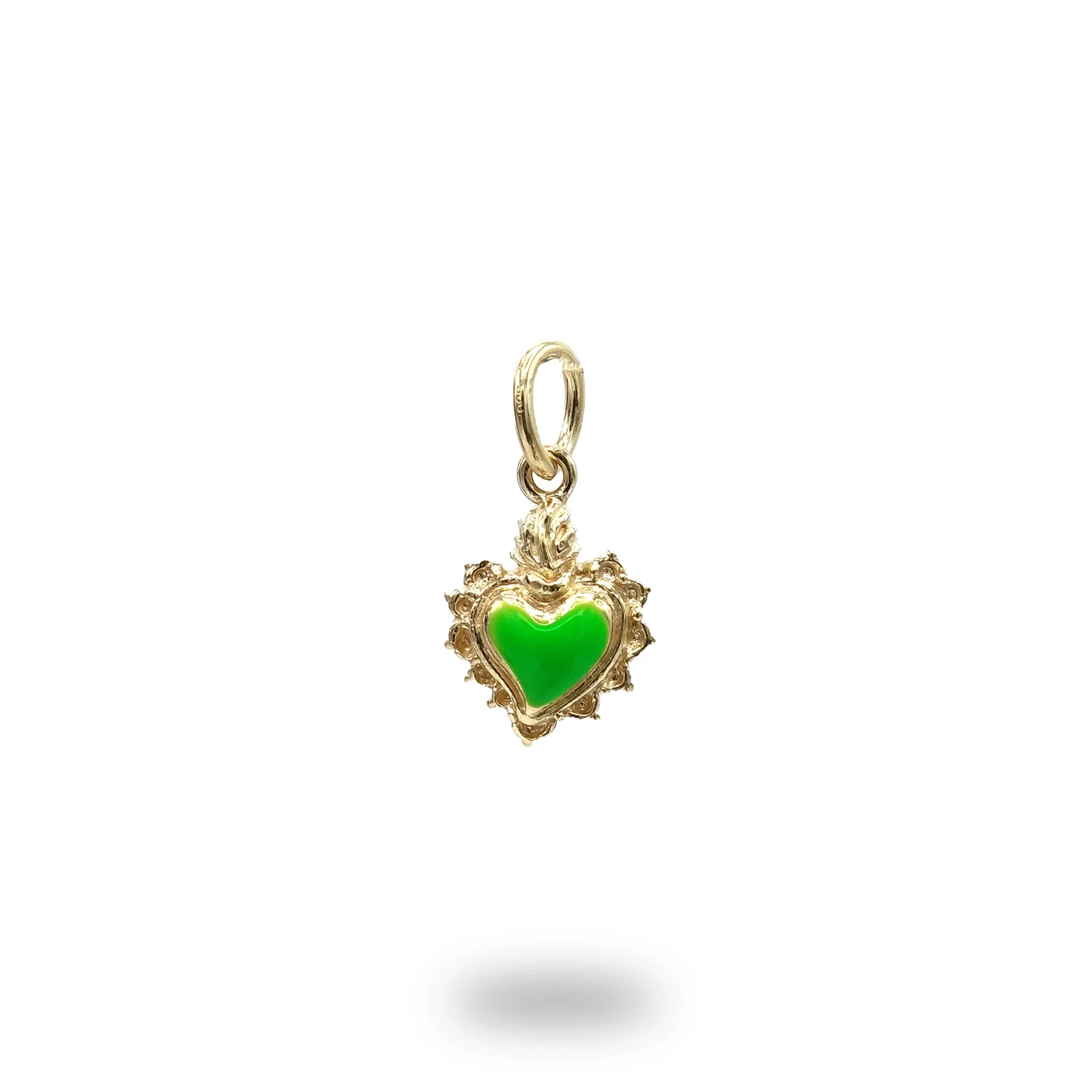 Cuore ex voto in argento dorato con smalto verde fluo