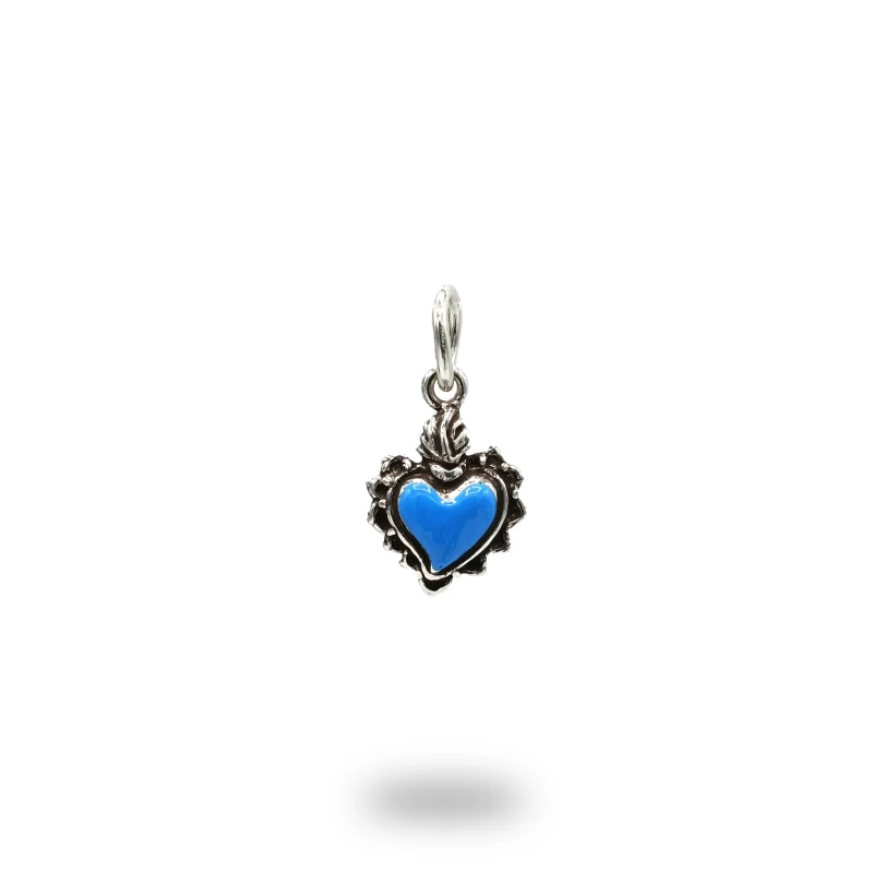 Cuore ex voto in argento con smalto azzurro