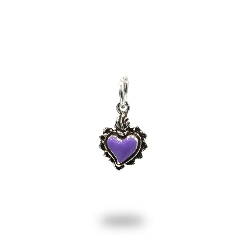 Cuore ex voto in argento con smalto lilla