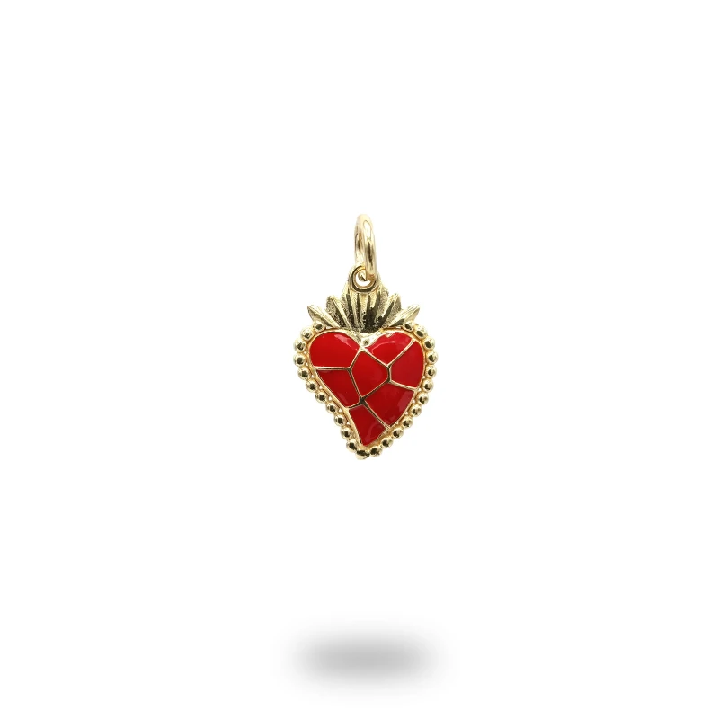 Cuore ex voto con sezioni in argento dorato smaltato rosso