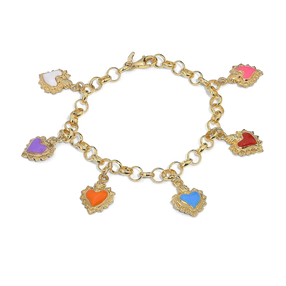 Bracciale in argento placcato oro con cuori ex voto smaltati