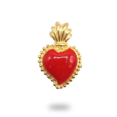 Cuore ex voto in argento dorato e smalto rosso