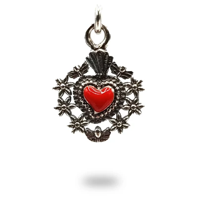 Cuore ex voto con fiori in argento smaltato