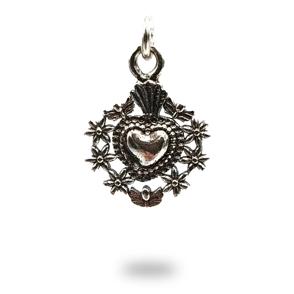 Cuore ex voto con fiori in argento