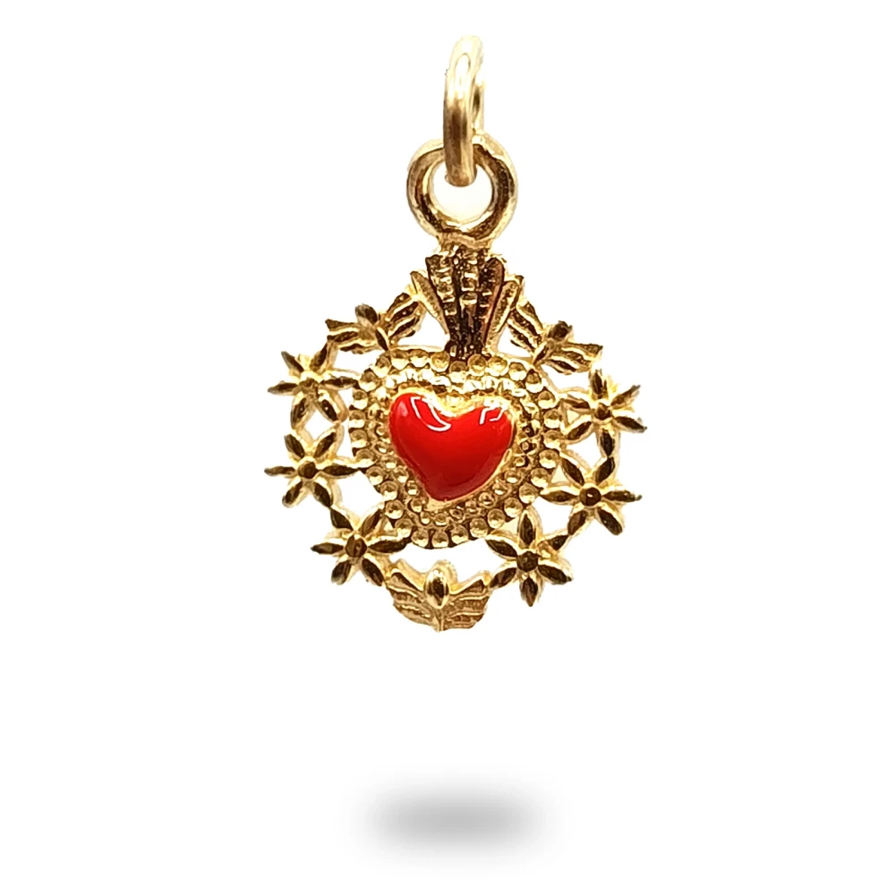 Cuore ex voto con fiori in argento dorato e smalto