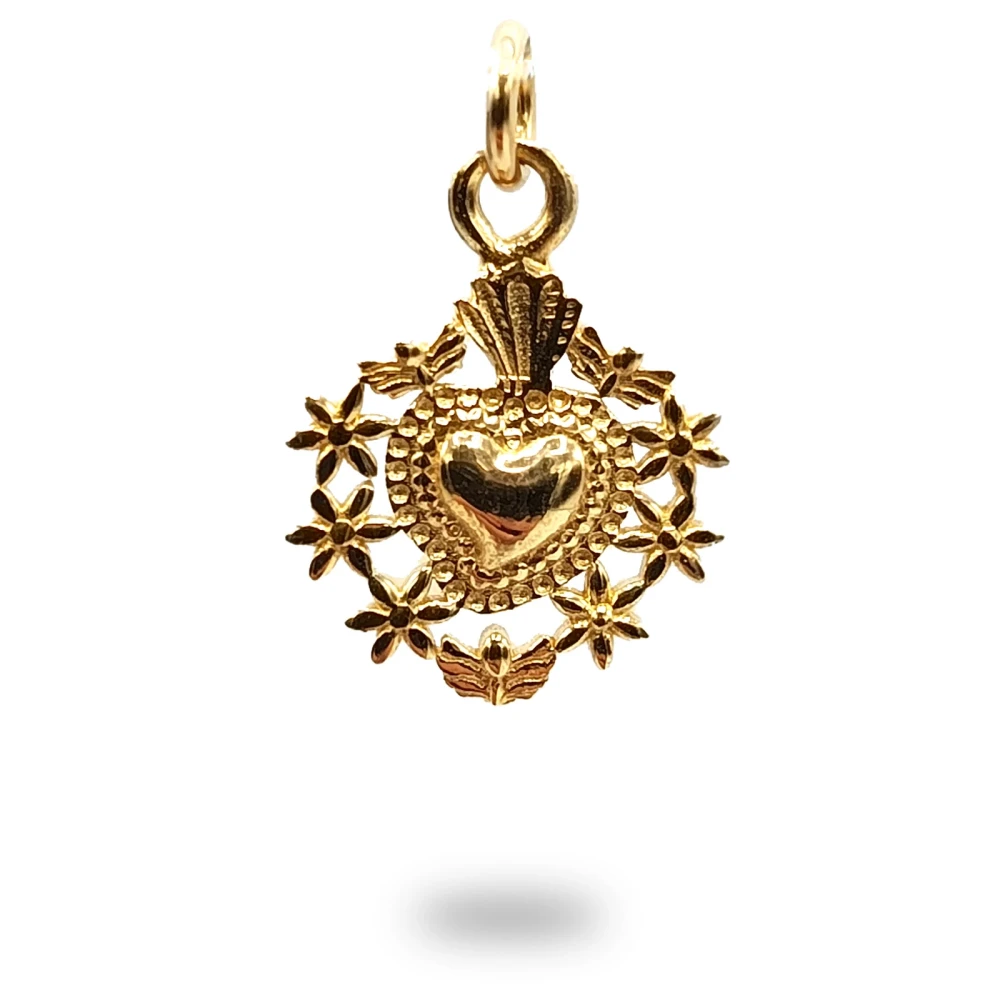 Cuore ex voto con fiori in argento dorato