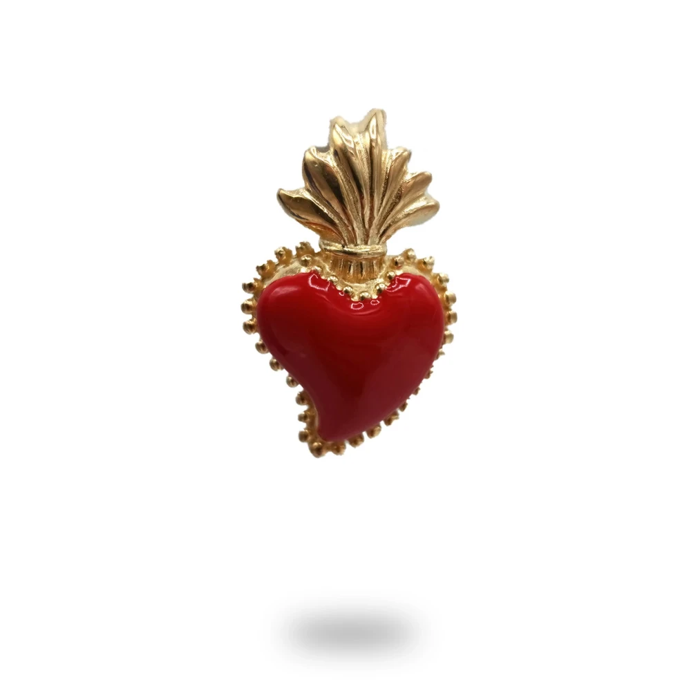 Cuore ex voto in argento dorato con smalto rosso