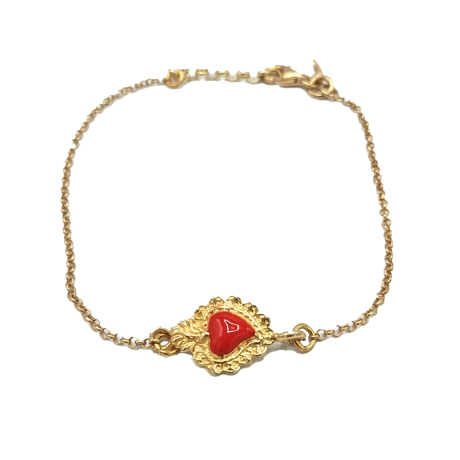 Bracciale in argento placcato oro con cuore ex voto smaltato rosso